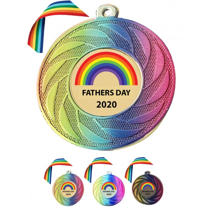 STUNNING RAINBOW COLOURED MEDAL & RAINBOW RIBBON  - 50MM - PERSONALISED WITH MESSAGE ON BACK LOCKDOWN 2021 GOLD, SILVER OR BRONZE